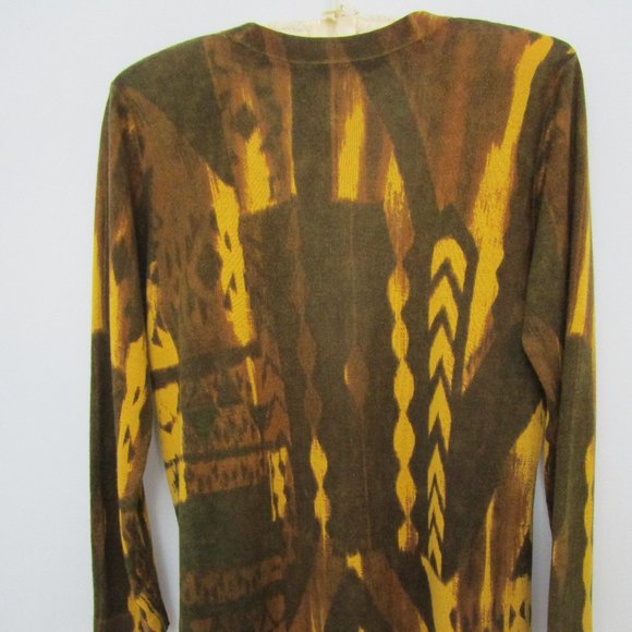 SILK CASHMERE Cardigan Sweater Knit Abstract Brown Gold Logo Button - Picture 8 of 10